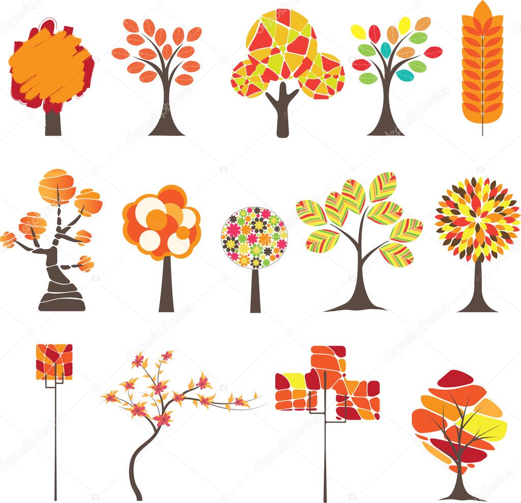Set of Colorful Autumn trees. Vector illustration