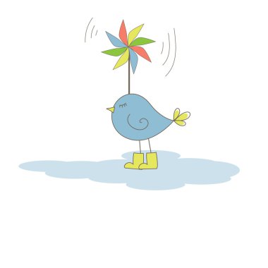 Bird with colorful windmill . Vector illustration clipart