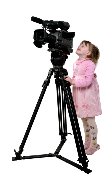 Girl look in the camcorder — Stock Photo, Image