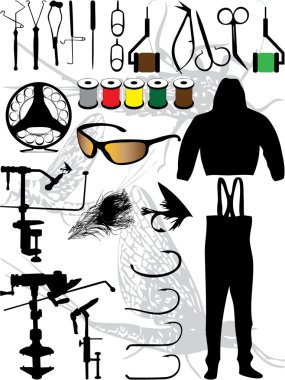 Silhouettes of flyfishing equipment clipart