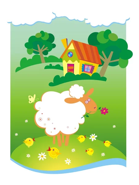 夏天背景与小房子和羊 — 图库矢量图片