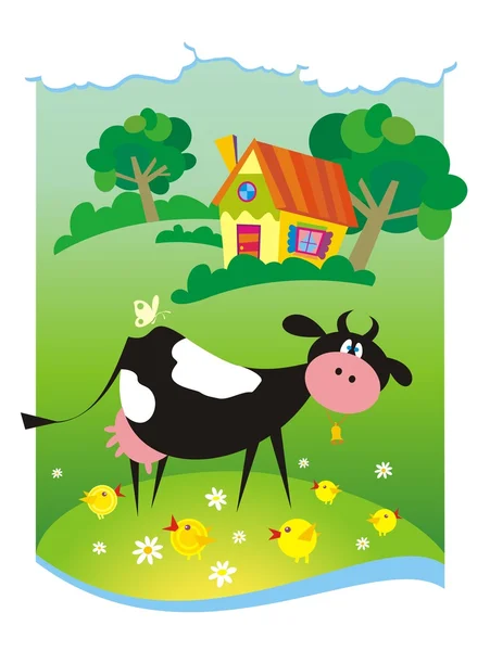 Fond d'été avec petite maison et vache — Image vectorielle
