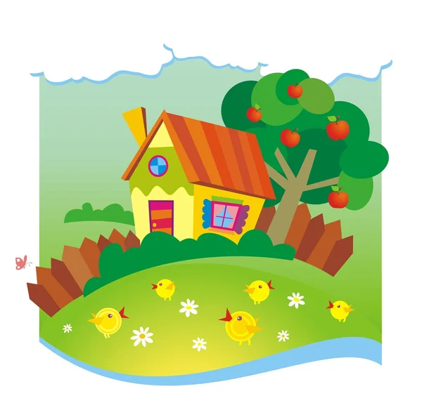 Summer background with small house and chickens — Stock Vector