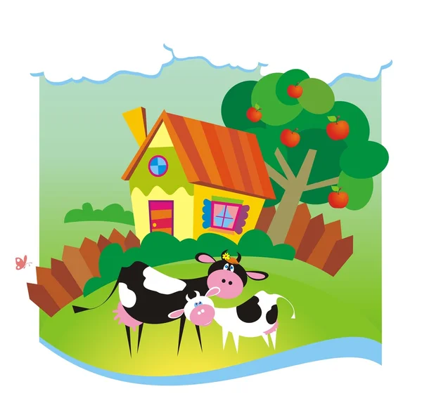 Summer background with small house and cows — Stock Vector