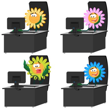 Chamomiles with the computer. Set clipart