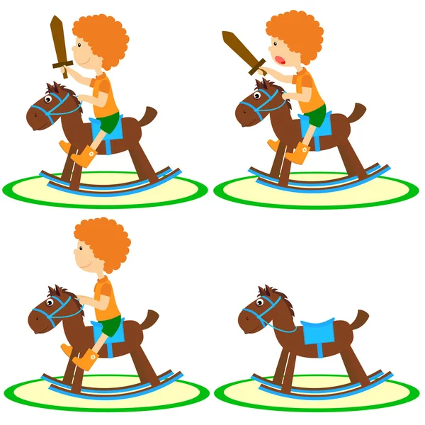 Liten pojke på en leksak häst — Stock vektor