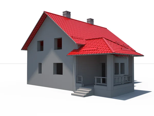 3D-huis op wit met rode dak — Stockfoto