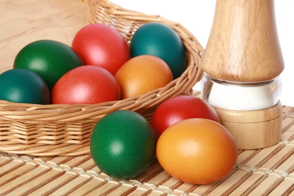 Easter eggs in a wattled basket — Stock Photo, Image