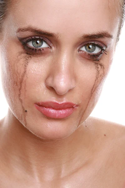 Crying woman with flowing make-up — Stock Photo, Image