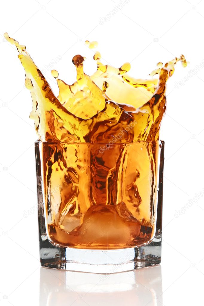 Glass with splashing whisky drink
