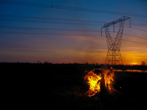Fire by the Power Lines — Stock Photo, Image