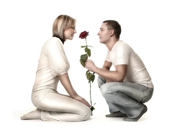 Пара и роза на белом — стоковое фото