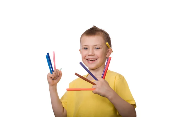 Rapaz feliz segura marcadores — Fotografia de Stock
