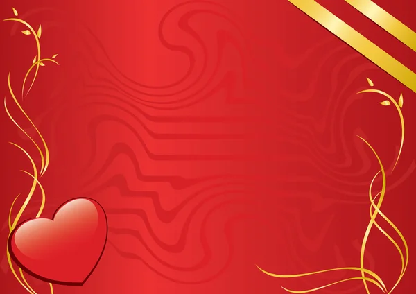 Червона листівка з серцем і золотими стрічками — стоковий вектор