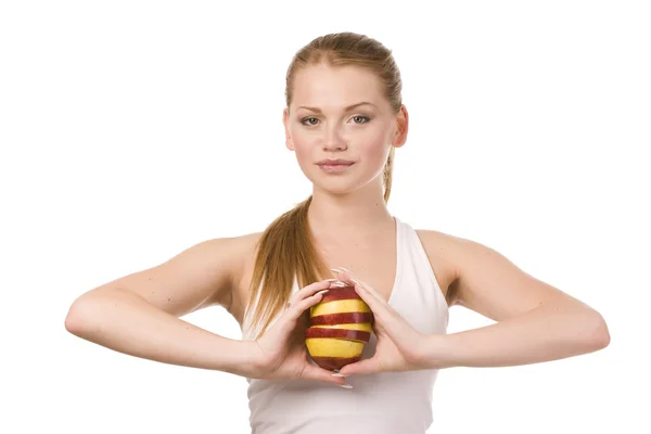 Žena a plátky jablek — Stock fotografie