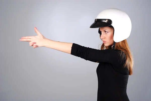 Woman in white helmet — Stock Photo, Image