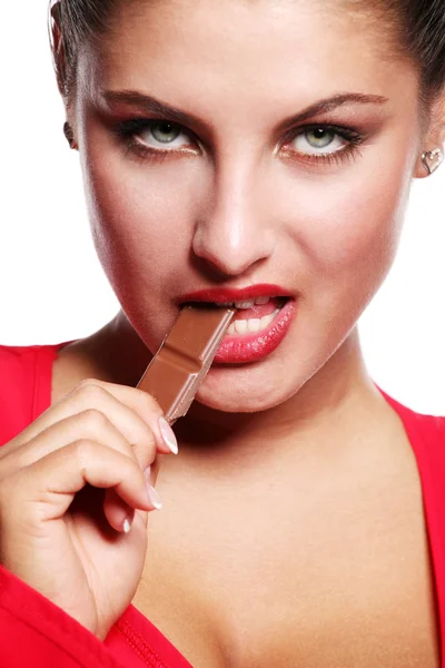 Mulher e barra de chocolate — Fotografia de Stock