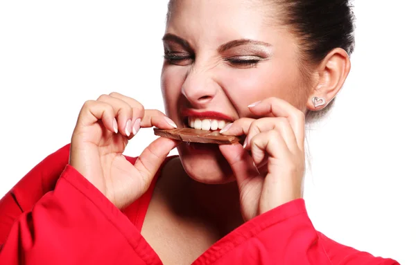 Mulher e barra de chocolate — Fotografia de Stock