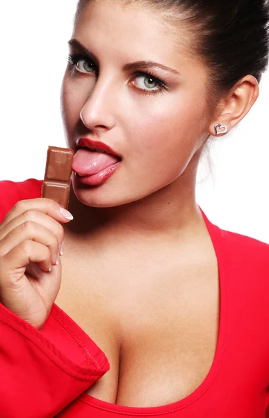 Mujer y barra de chocolate — Foto de Stock