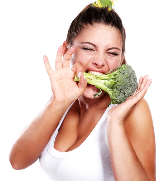 Vrouw en broccoli — Stockfoto