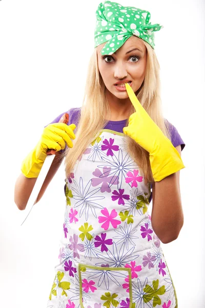 Housewife and knife — Stock Photo, Image