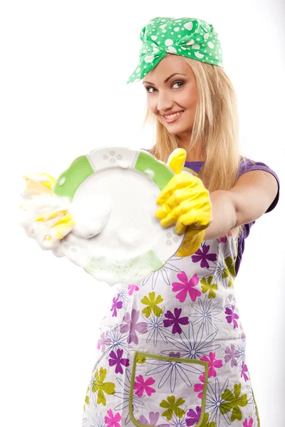 Домохозяйка с тарелкой — стоковое фото