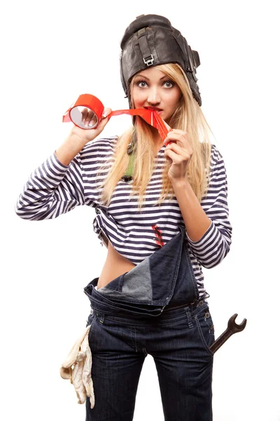 Woman and red scotch tape — Stock Photo, Image
