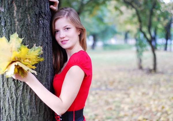 Kadın sarı yaprakları ile — Stok fotoğraf