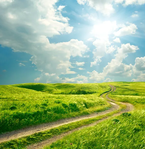 Paisagem de verão com grama verde, estrada e nuvens — Fotografia de Stock