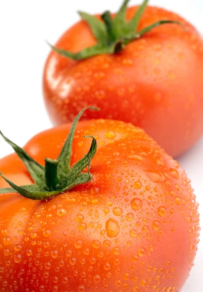 Foto de close-up de dois tomates com gotas de água — Fotografia de Stock