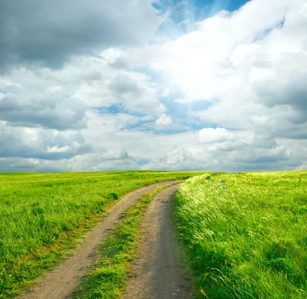 Paysage estival avec herbe verte, route et nuages — Photo