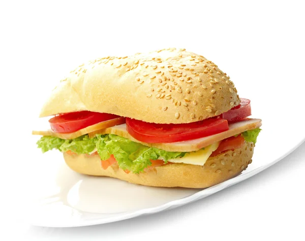 stock image Big sandwich on white plate