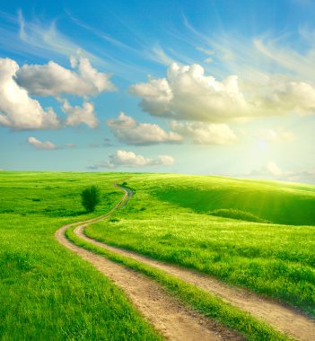 Summer landscape with green grass, road and clouds clipart