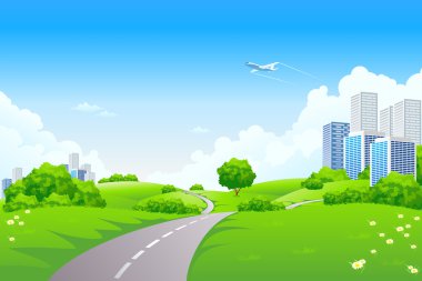 Landscape - green hills with cityscape clipart