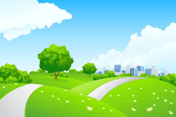 Landskap - gröna kullar med stadsbilden — Stock vektor