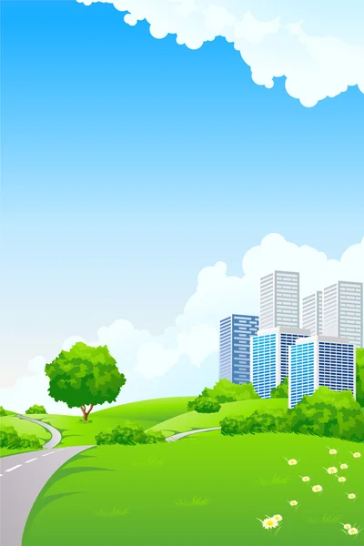Landskap - gröna kullar med stadsbilden — Stock vektor