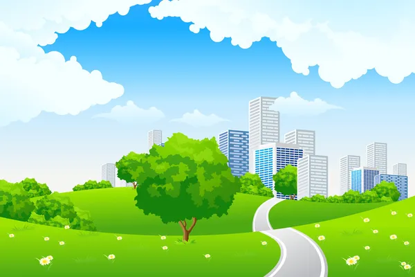 Paesaggio verde con città — Vettoriale Stock