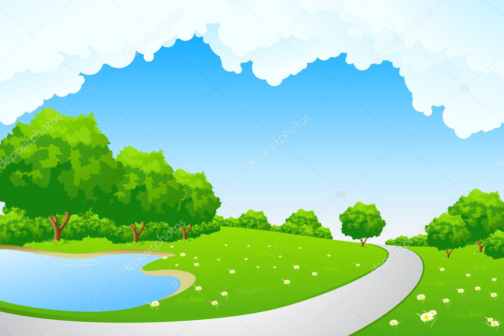 Landscape - green hill with tree lake