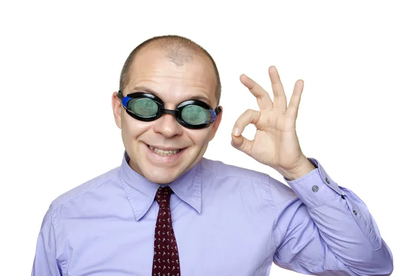 Сумасшедший бизнесмен в очках для плавания — стоковое фото