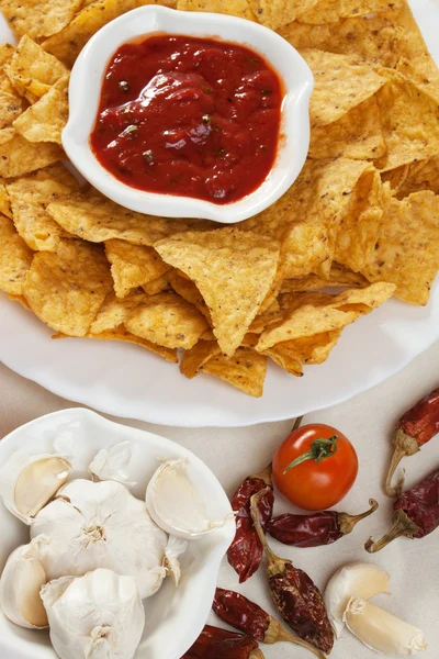 Tortillachips met pikante salsa duik — Stockfoto