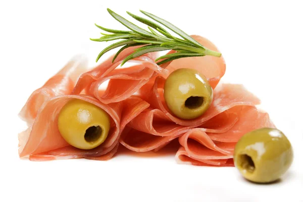 Prosciutto di Parma with olives — Zdjęcie stockowe