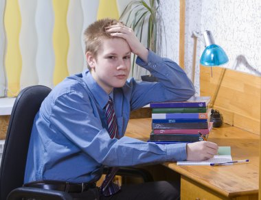 Pupil schoolboy reflected with pile clipart