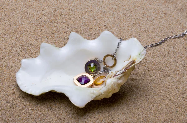De exotische zee shell met kralen ligt op — Stockfoto