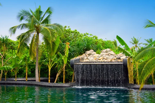 Maldivas. Piscina com pequena queda no jardim tropical . — Fotografia de Stock