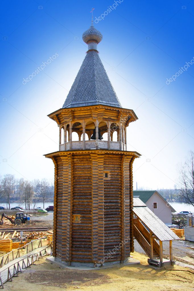 Belfry.Wooden orthodox church in name of Cover All-holy mother of God, Russ