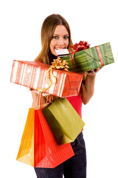 Mooi winkelen meisje met kleurrijke tassen en pakket — Stockfoto