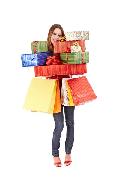 Vackra shopping flicka med färgglada väskor — Stockfoto