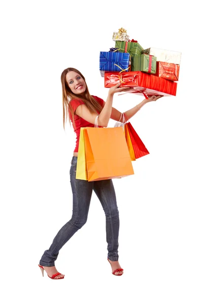 Mooi winkelen meisje met kleurrijke tassen — Stockfoto
