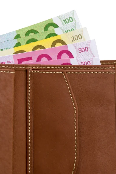 Billetera de cuero con billetes en euros — Foto de Stock