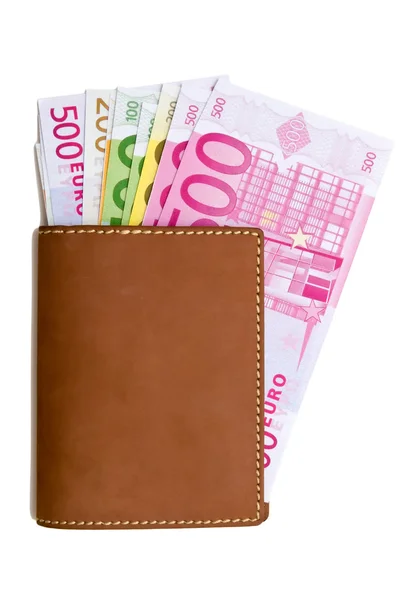 Шкіряний гаманець з банкнотами євро — стокове фото